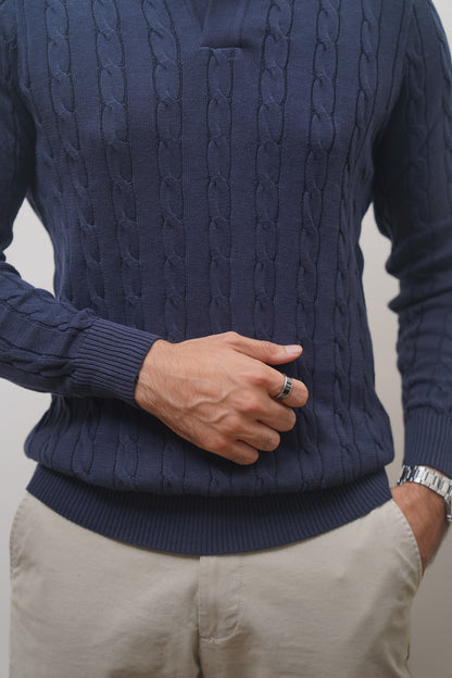 Long Sleeve Cable Knit Polo (Navy)