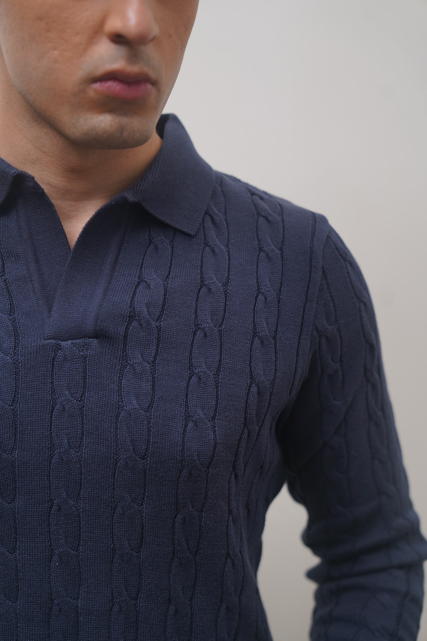 Long Sleeve Cable Knit Polo (Navy)