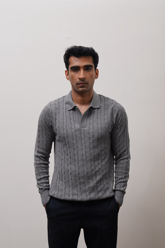 Long Sleeve Cable Knit Polo (Carbon)