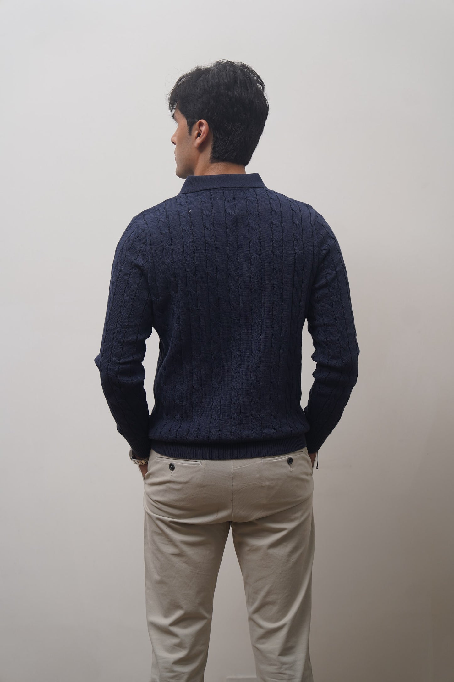 Long Sleeve Cable Knit Polo (Navy)
