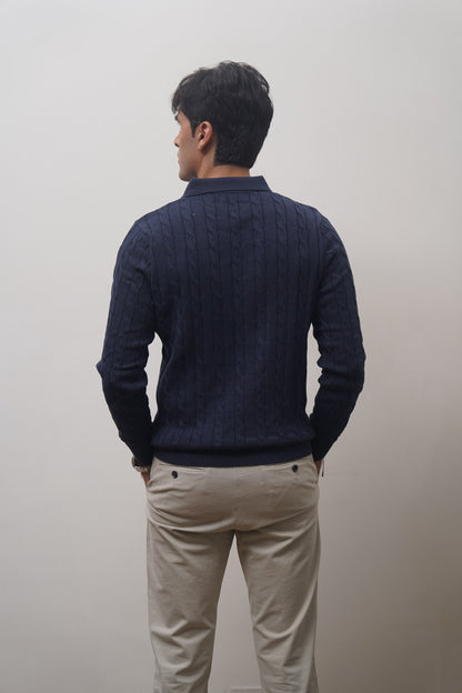 Long Sleeve Cable Knit Polo (Navy)