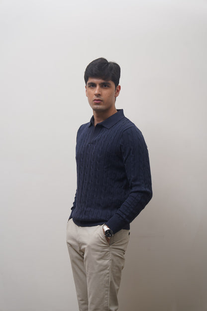 Long Sleeve Cable Knit Polo (Navy)
