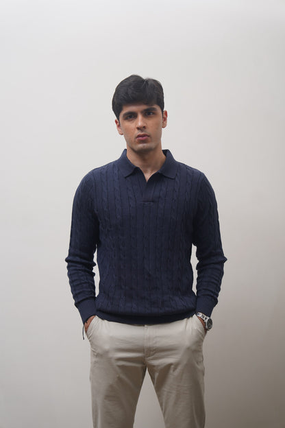 Long Sleeve Cable Knit Polo (Navy)