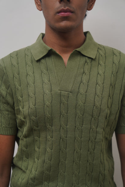 Cable Knit Polo (Olive)
