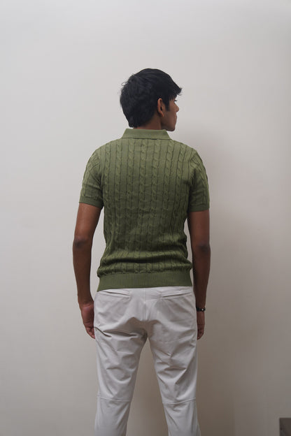 Cable Knit Polo (Olive)