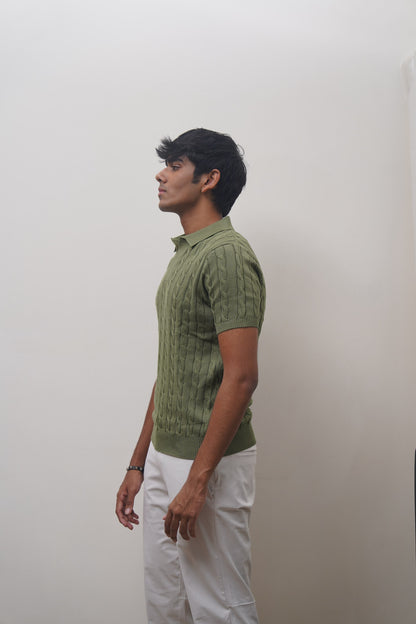 Cable Knit Polo (Olive)