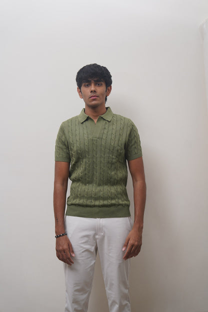 Cable Knit Polo (Olive)