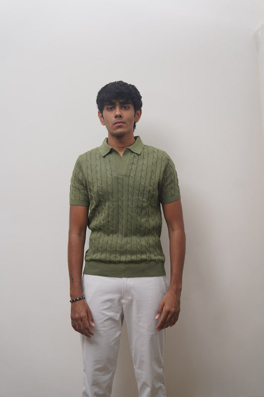 Cable Knit Polo (Olive)
