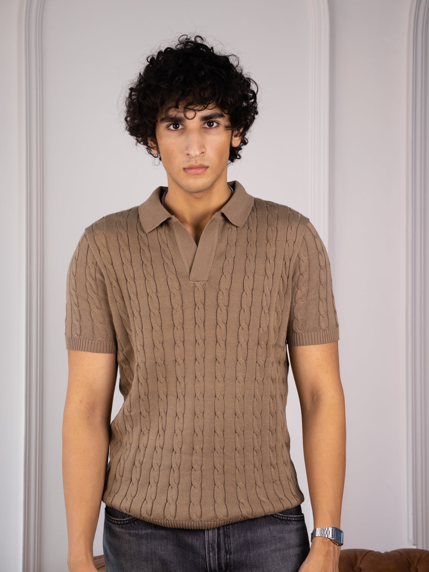 Cable Knit Polo (Macchiato)
