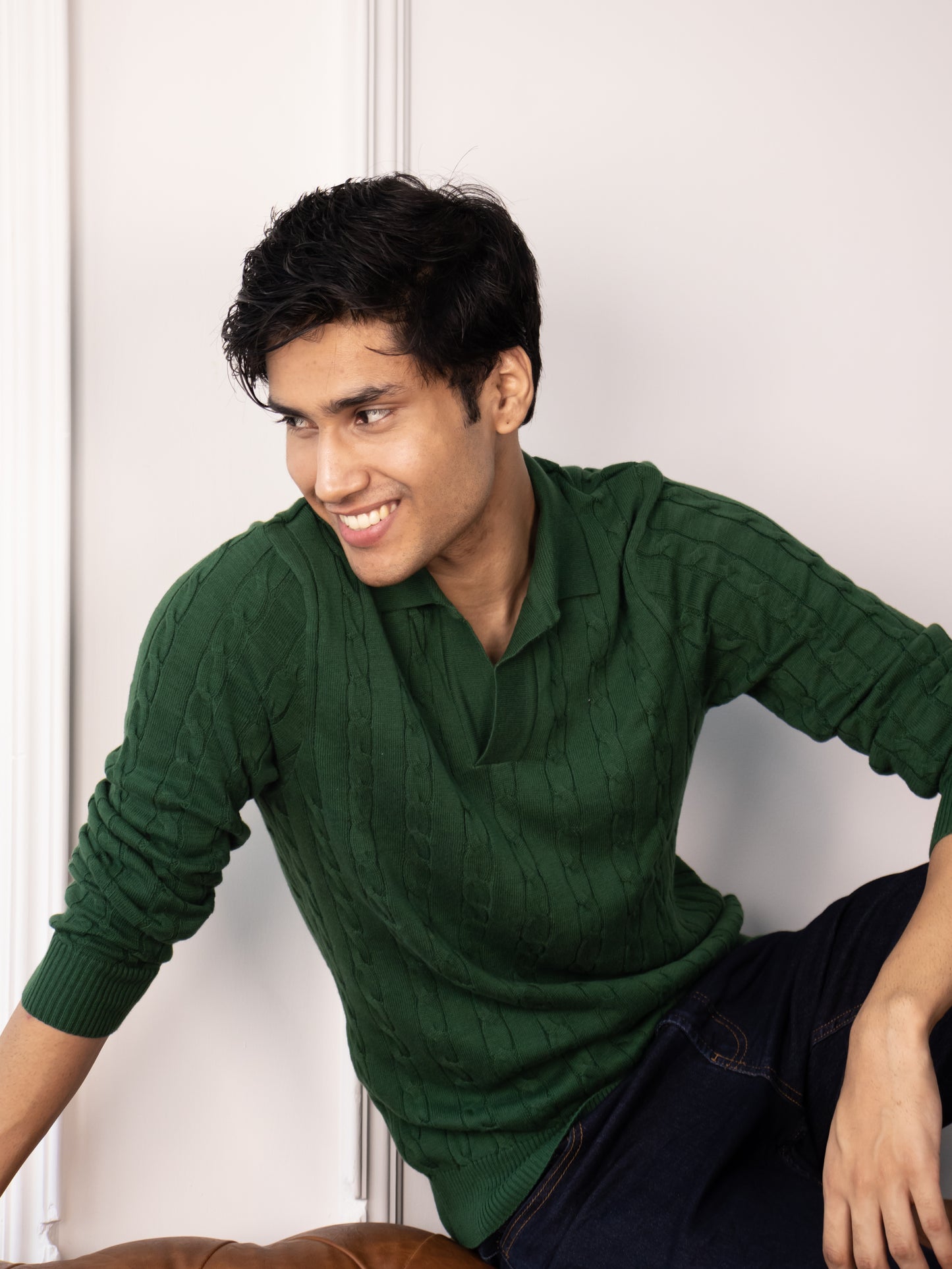 Long Sleeve Cable Knit Polo (British Racing Green)