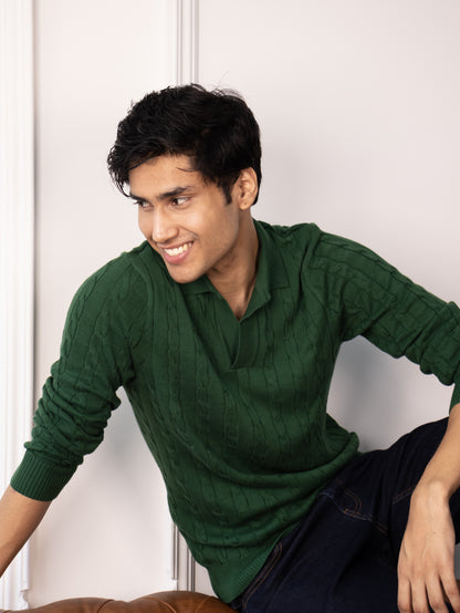 Long Sleeve Cable Knit Polo (British Racing Green)