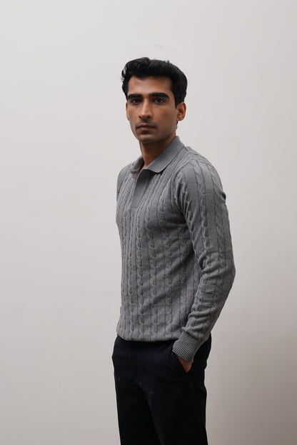 Long Sleeve Cable Knit Polo (Carbon)
