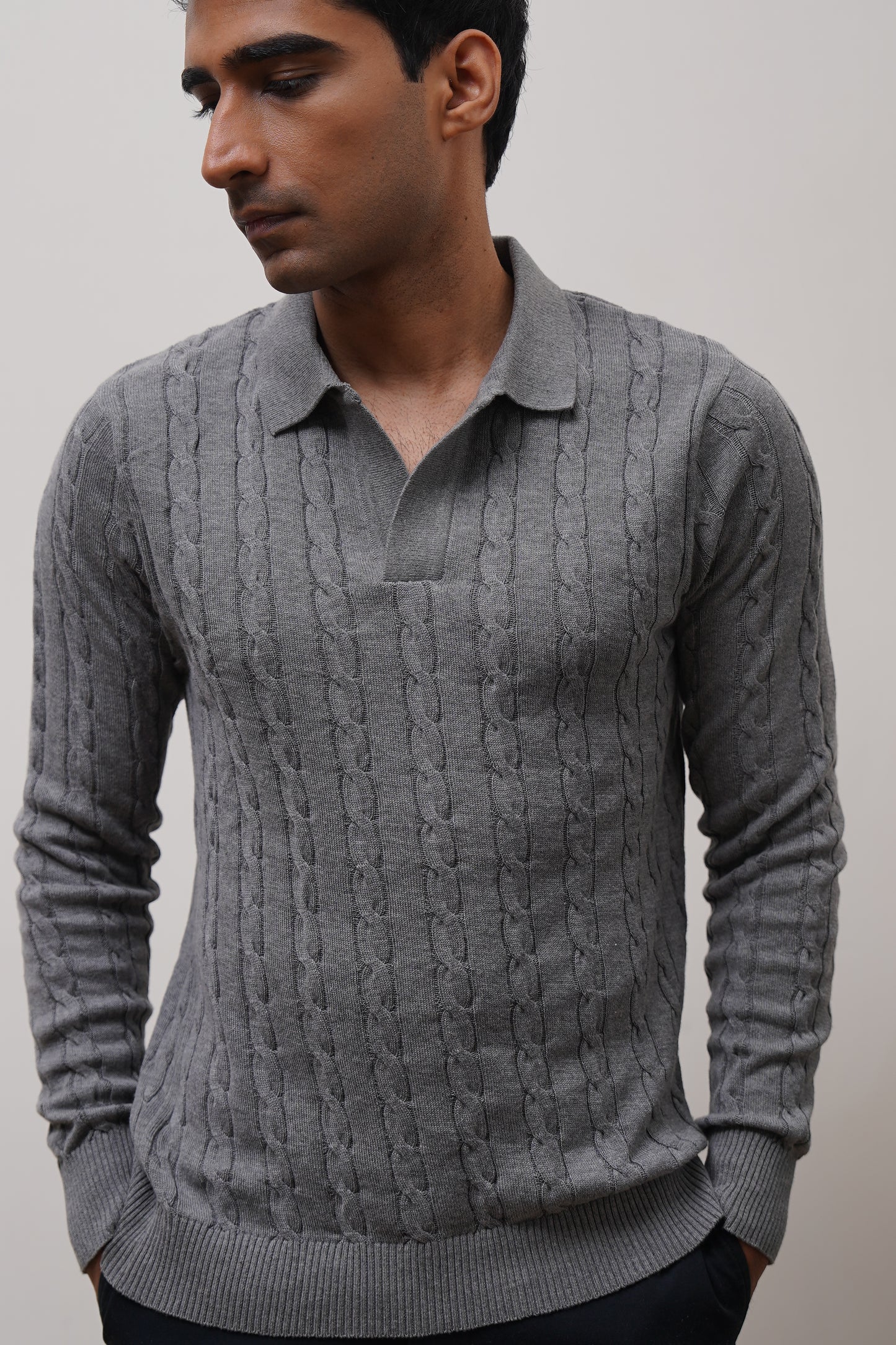 Long Sleeve Cable Knit Polo (Carbon)